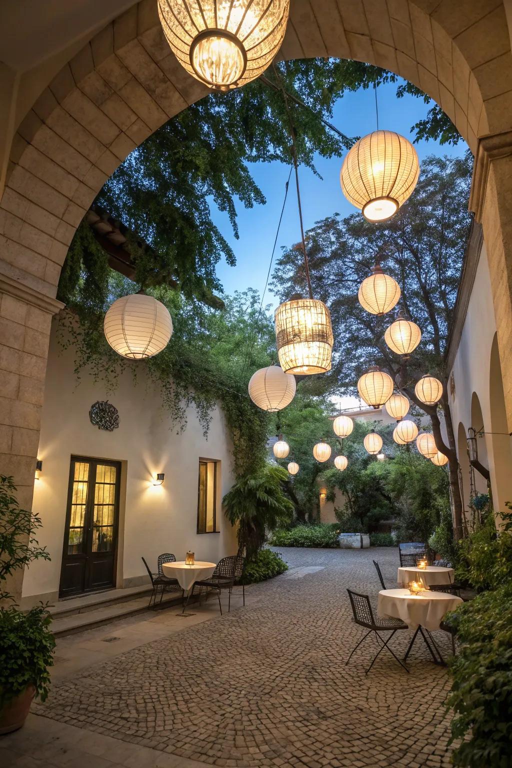 Hanging lanterns produce a whimsical glow on the patio.