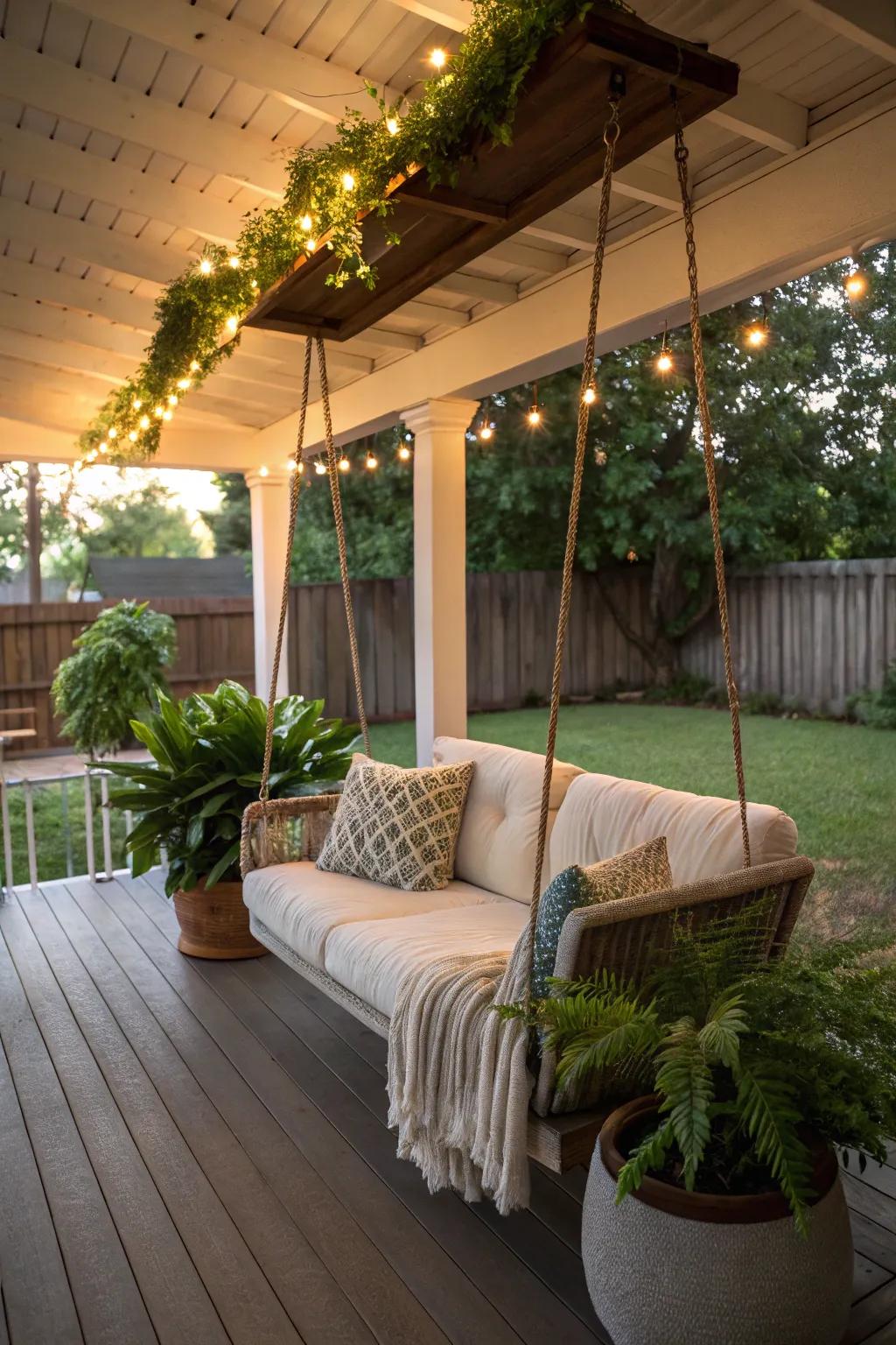 A swing contributes a charming, nostalgic element to the porch.