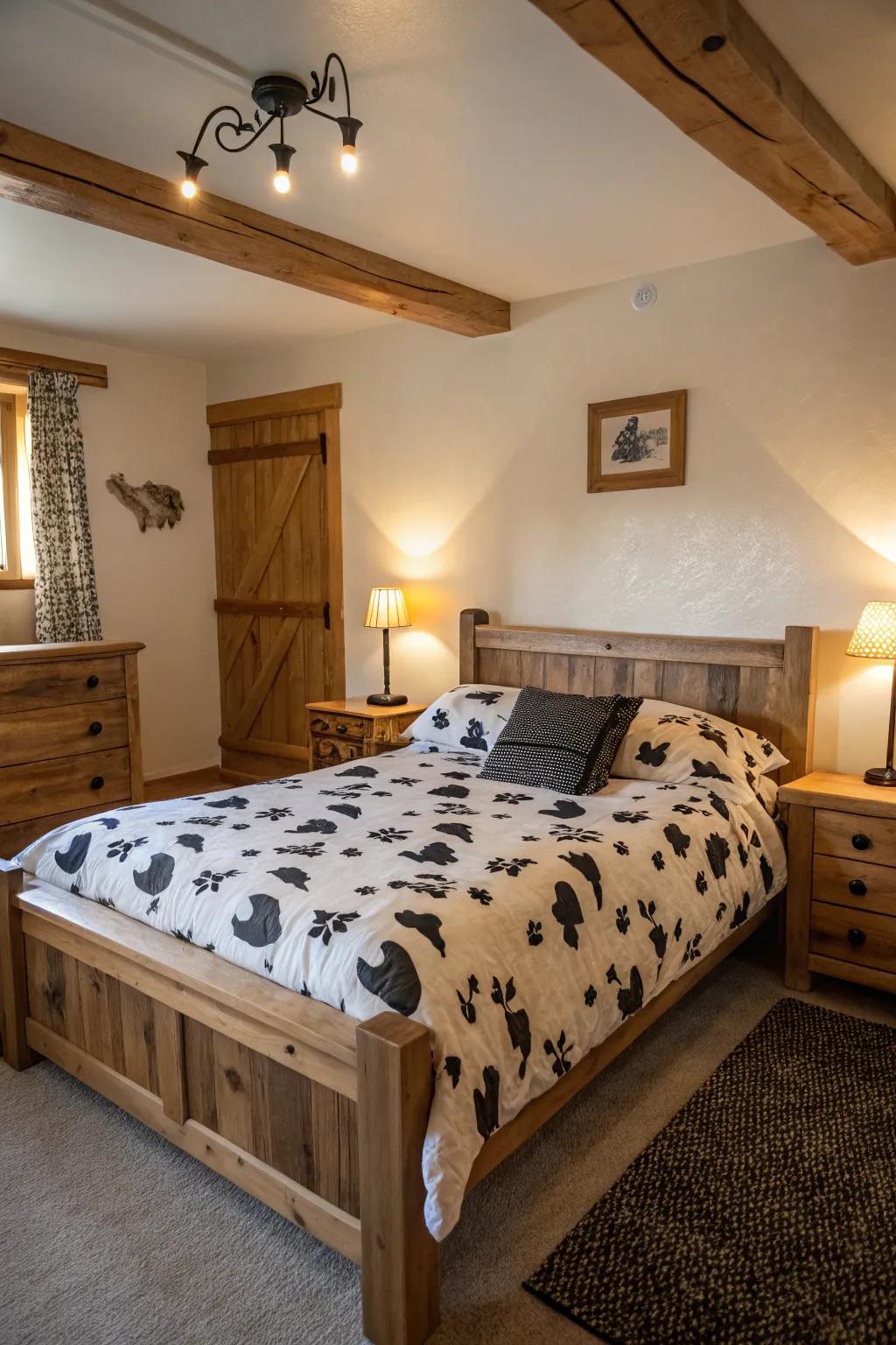 A cow print quilt adds warmth and style to any bedroom setting.