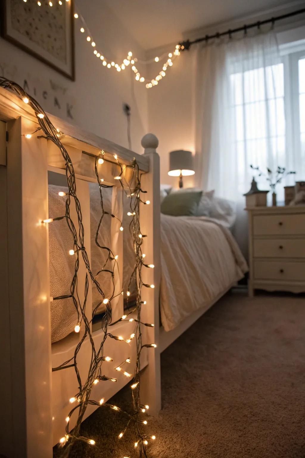 Fairy lights wrapped around the base of a bed frame.