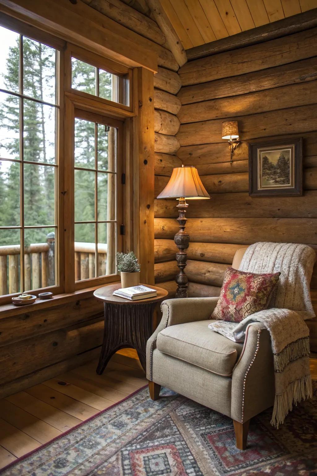 A cozy nook is perfect for reading or relaxing in a log cabin, inviting you to escape into tranquility.