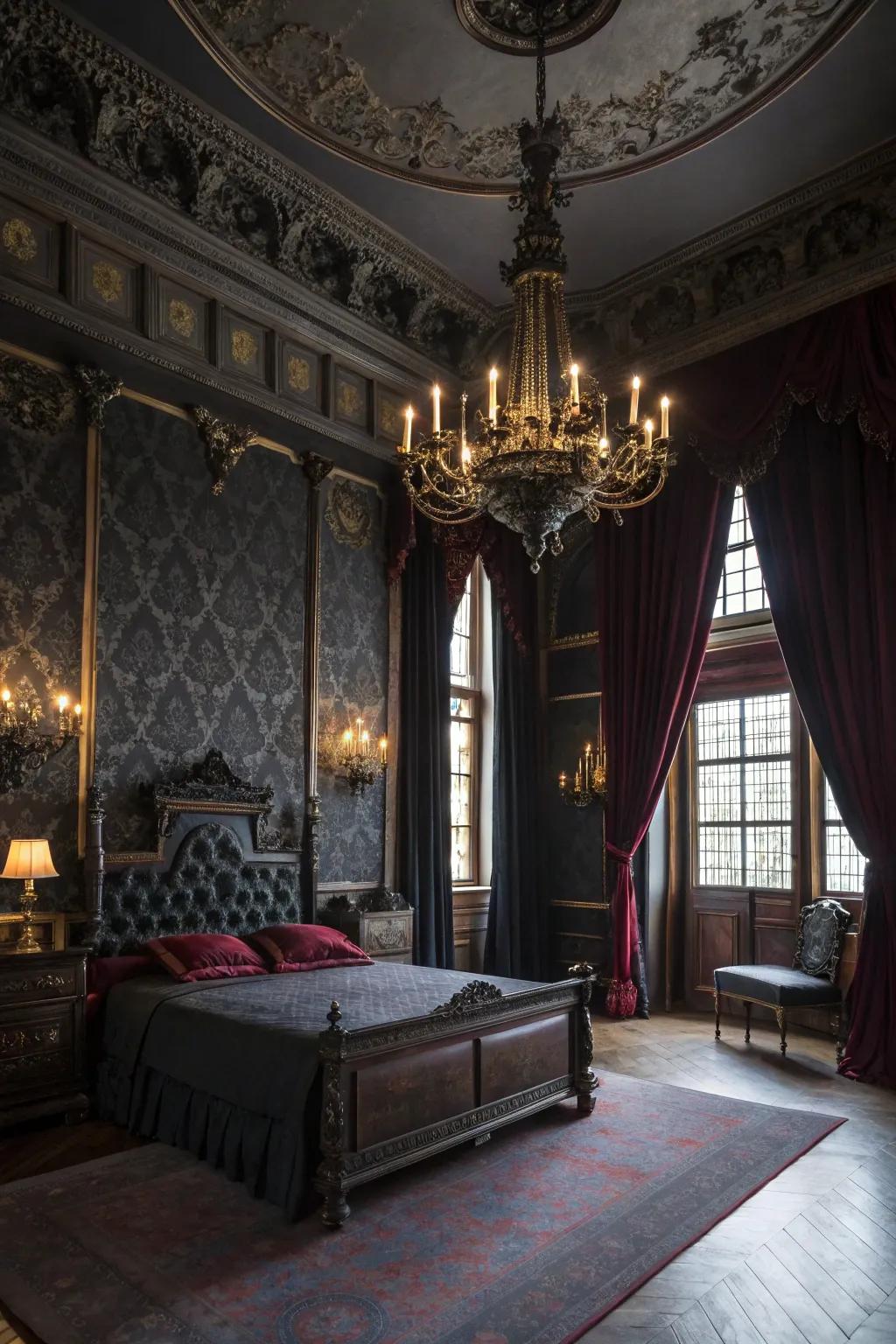 A gothic-inspired bedroom featuring rich fabrics and dramatic elements.