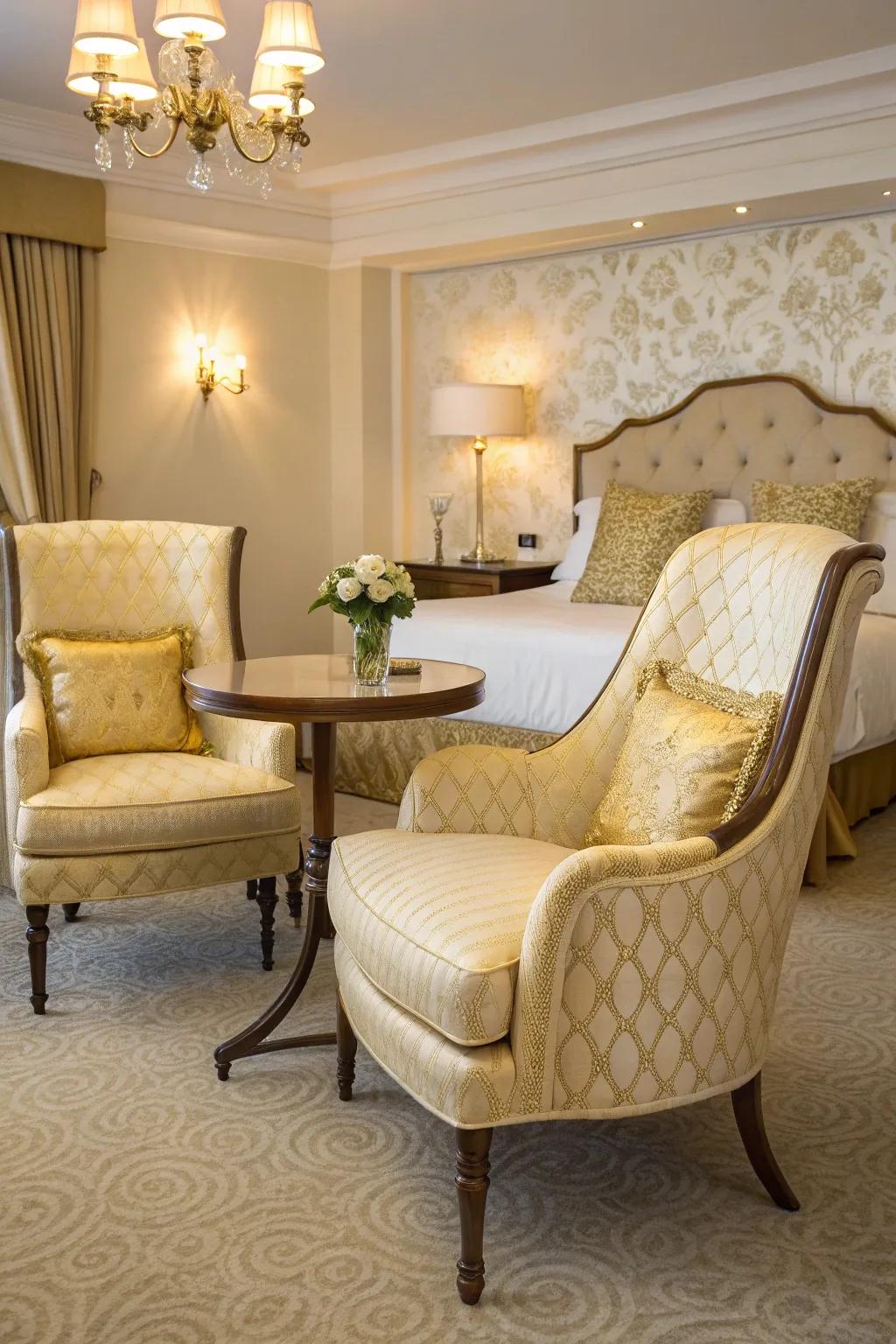 A plush seating spot injects a lavish element to the boudoir.