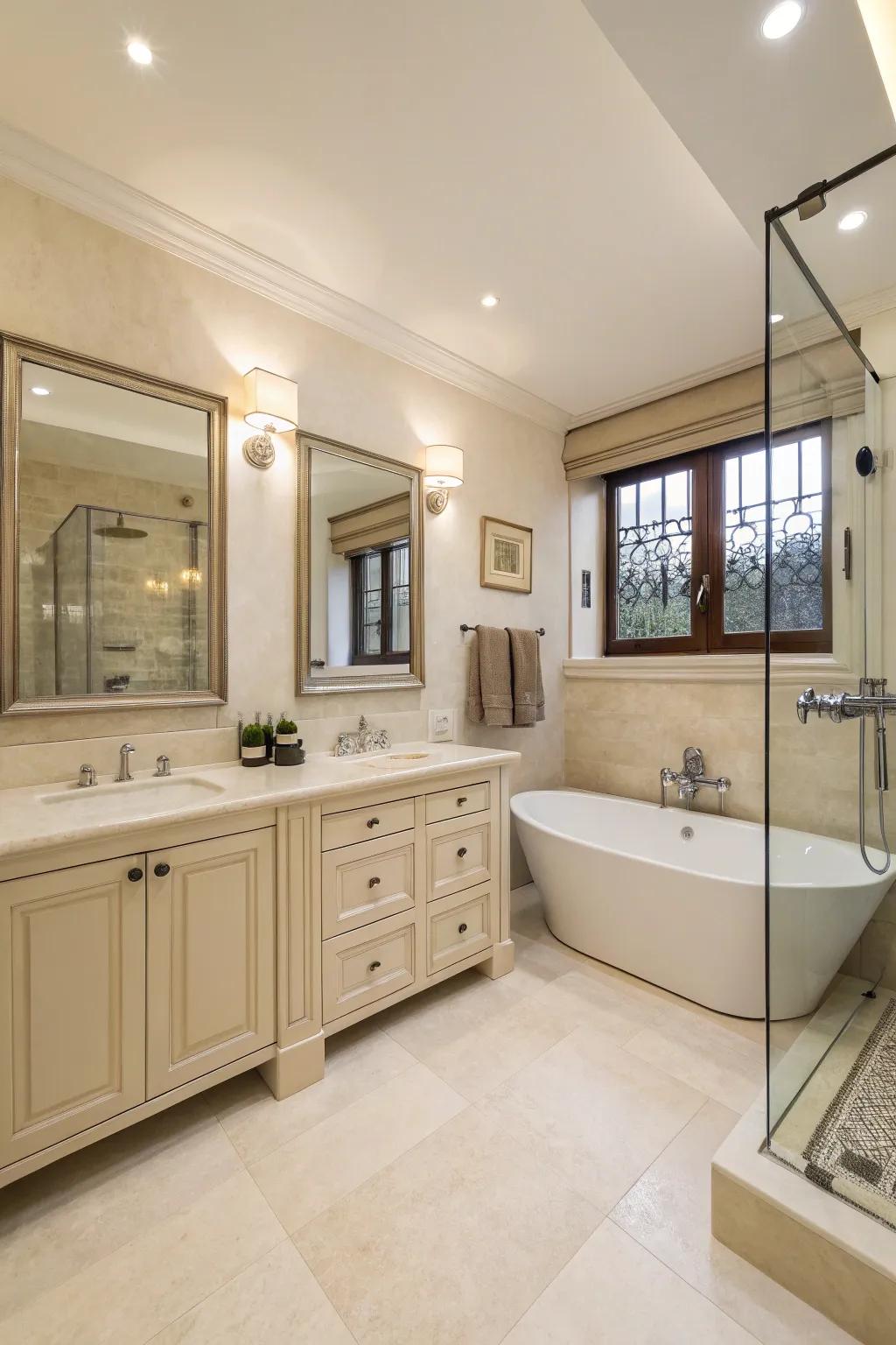 A functional layout enhances comfort in this creamy bathroom.
