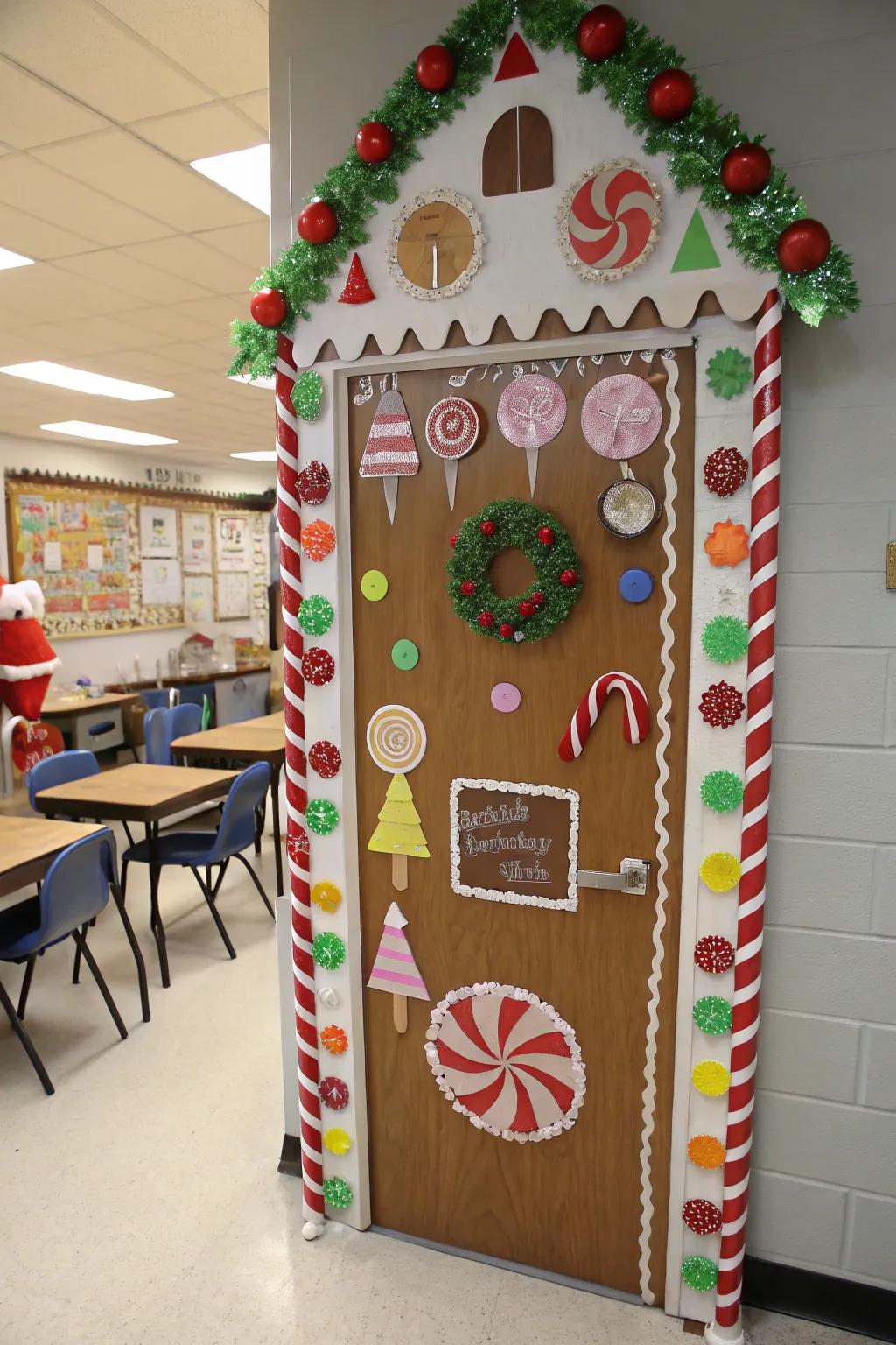 An educational doorway transmuted into a charming gingerbread abode featuring kaleidoscopic confections.