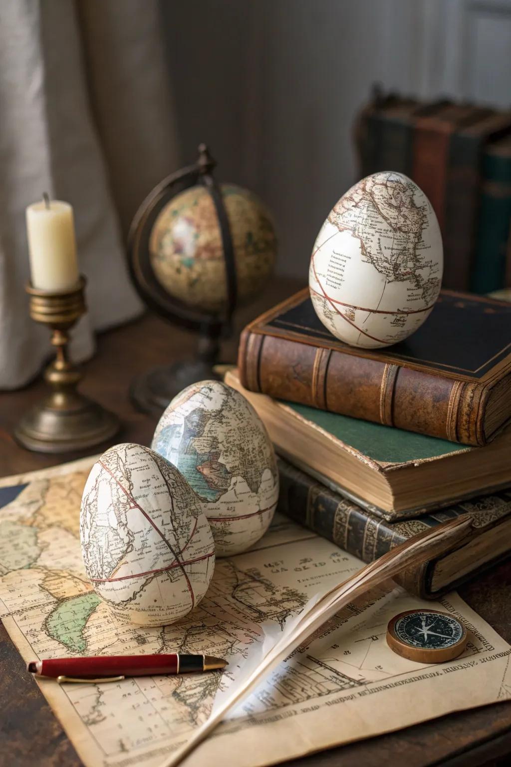 Vintage map eggs adding a nostalgic vibe to travel-inspired decor.