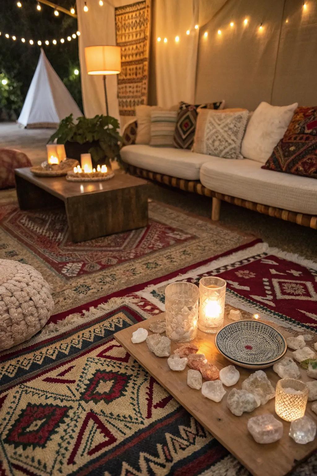 Layering rugs and pillows introduces texture and warmth to your crystal-adorned space.