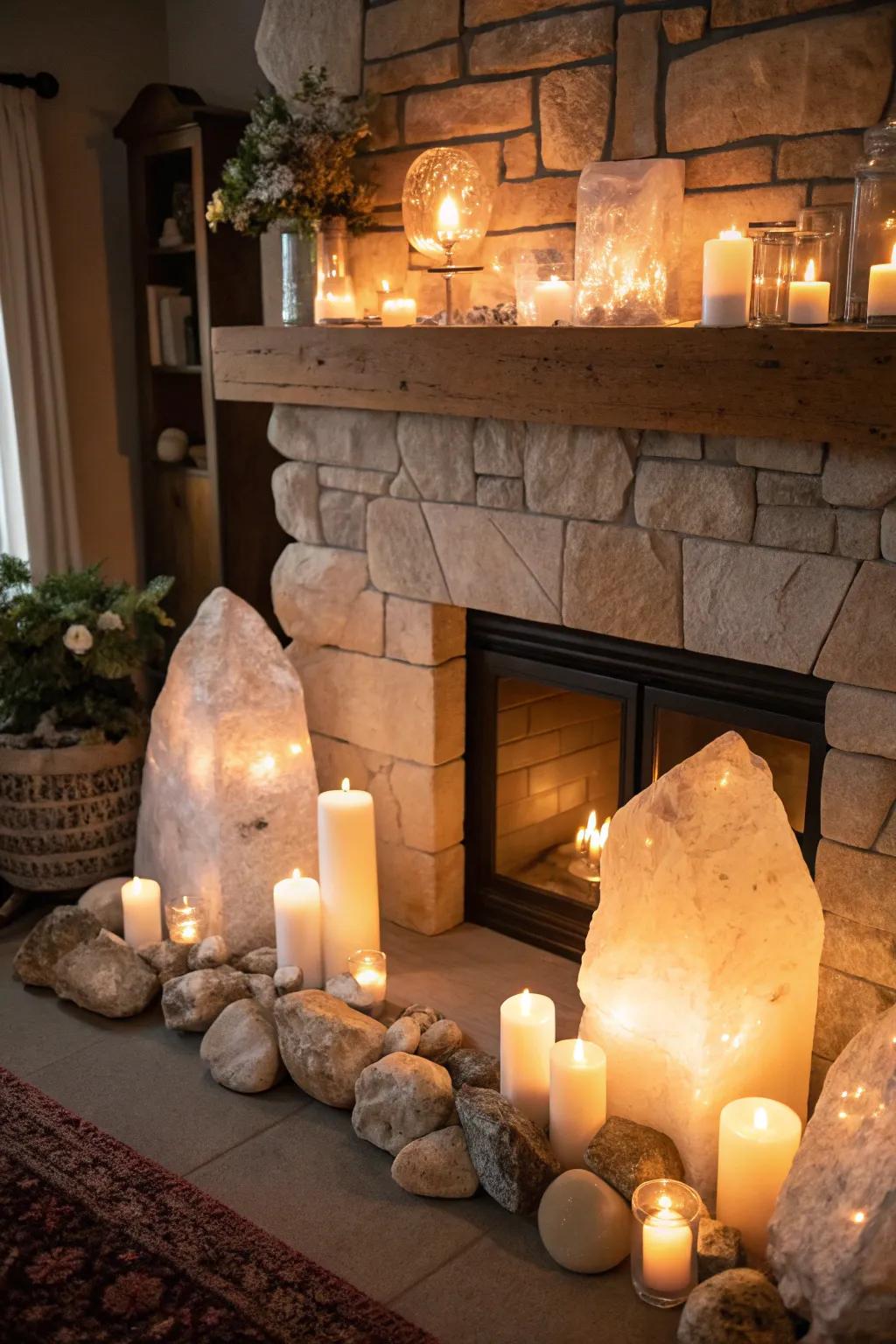 A fireplace is reborn as a cozy crystal retreat.