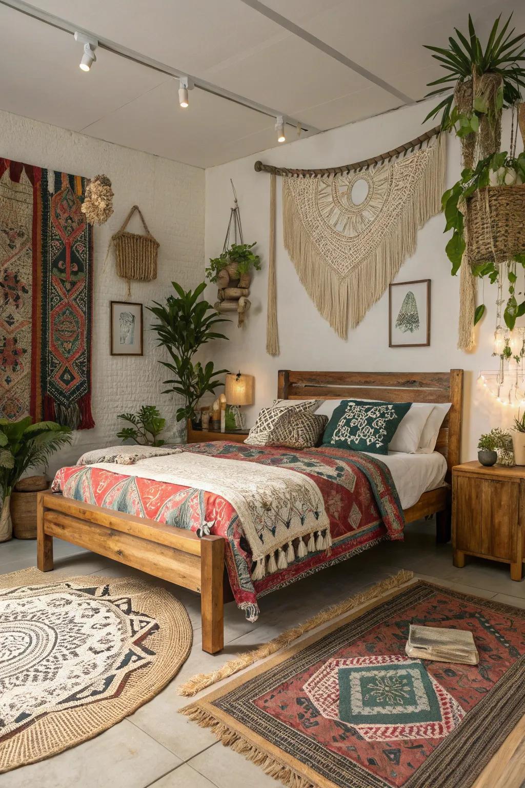 Boho-themed bedroom with eclectic charm.