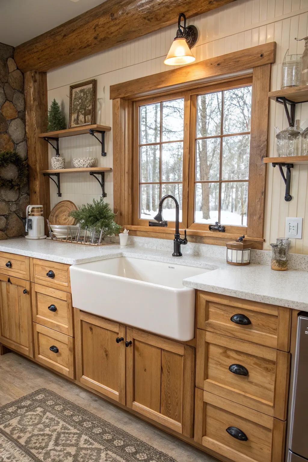 A farmhouse sink offers both charm and practicality in the kitchen.