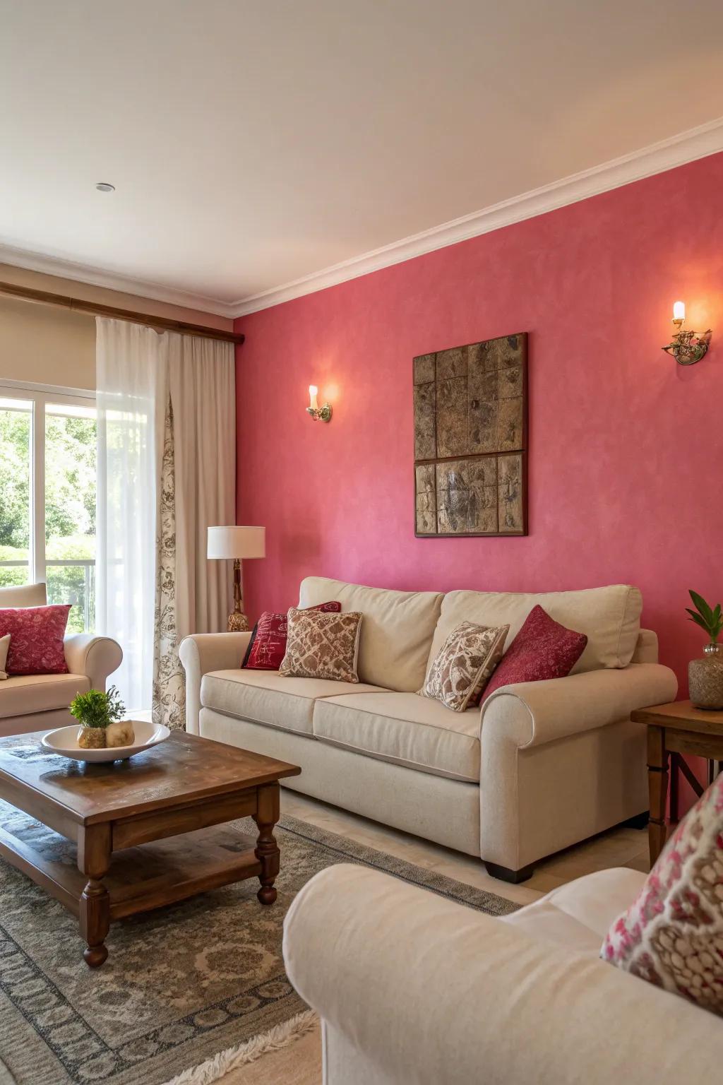 A rose feature wall acts as a striking focal point in the room.