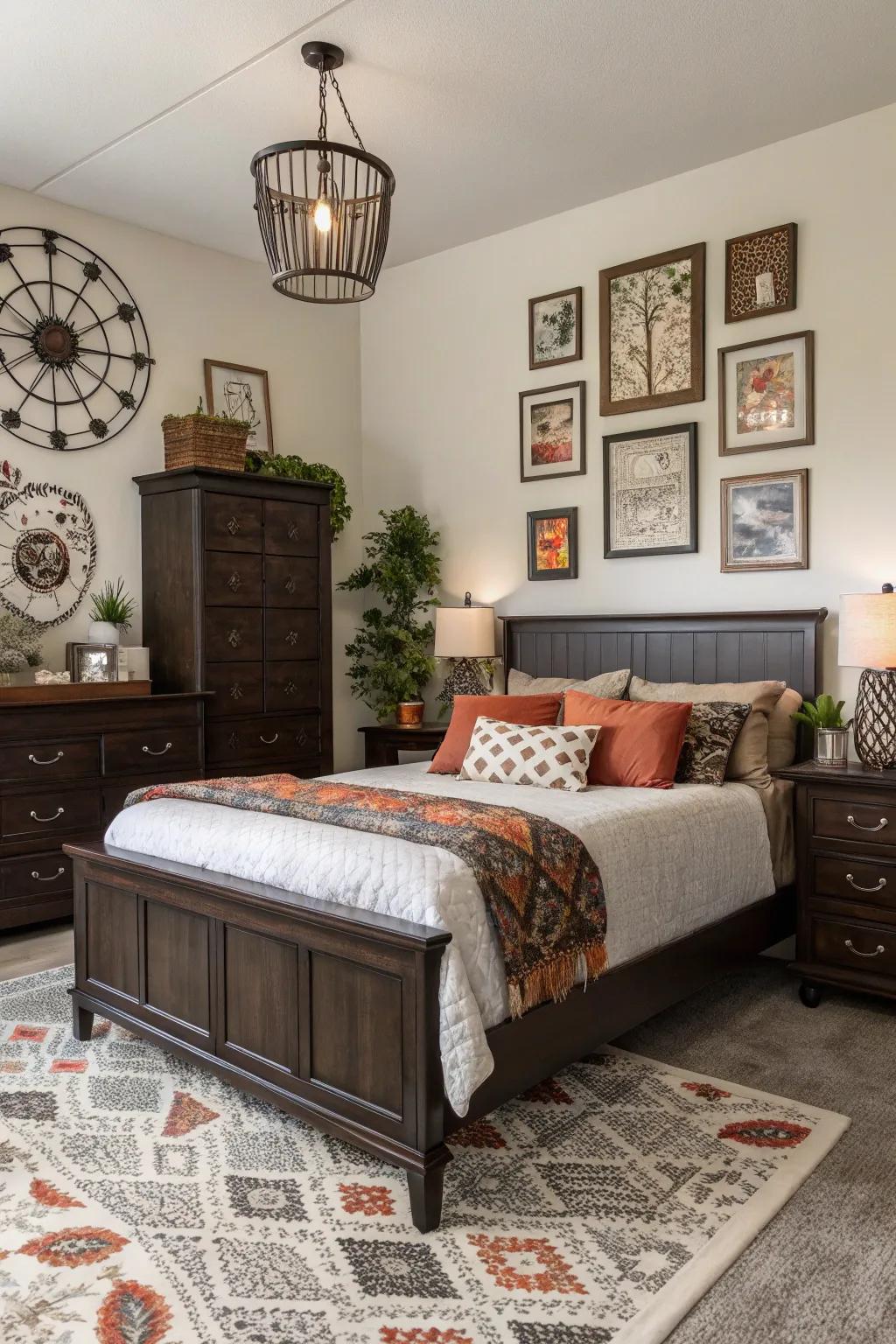 Eclectic combinations highlight the enduring allure of deep brown furniture.