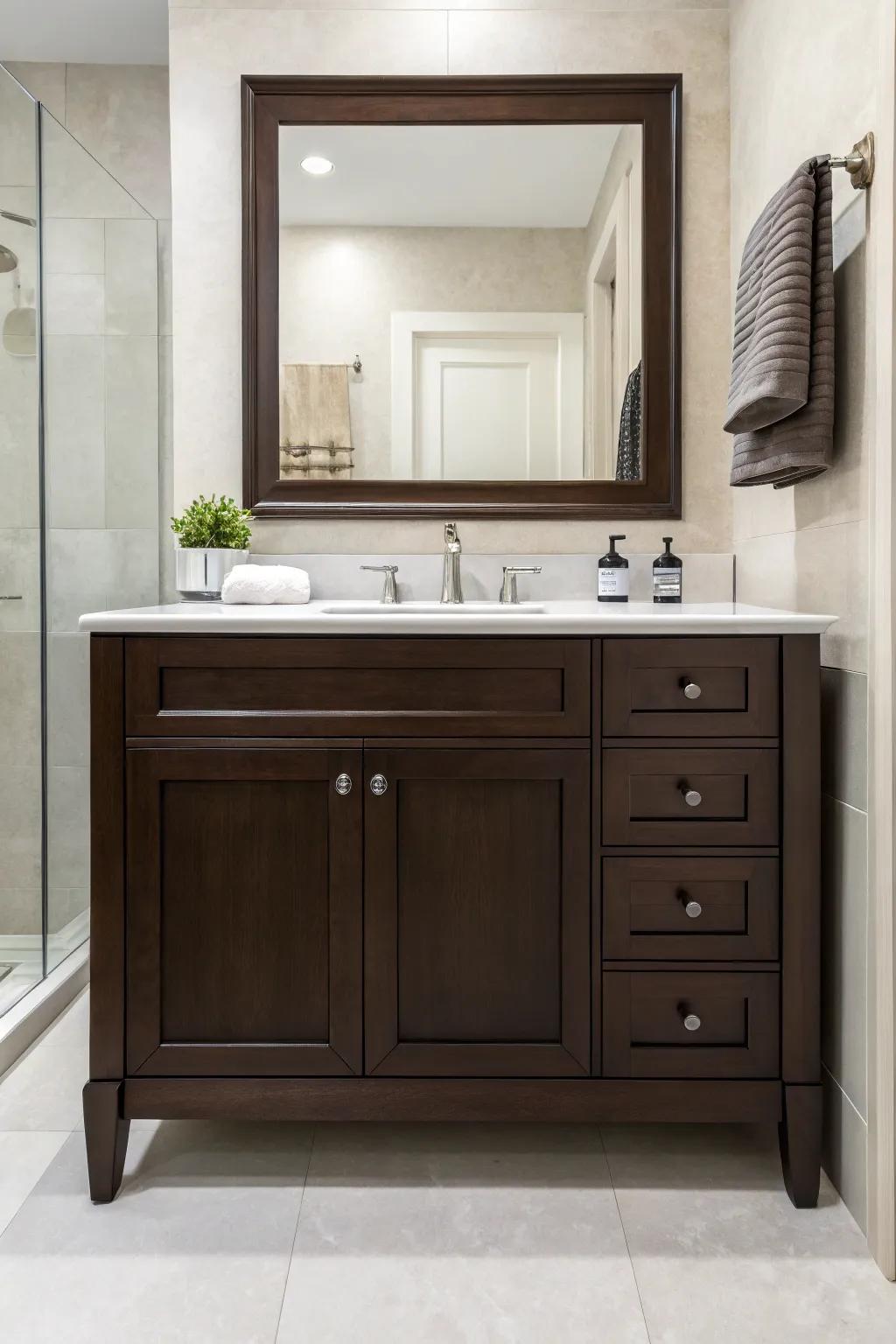 Minimalist decor lets a dark brown vanity be the focal point.