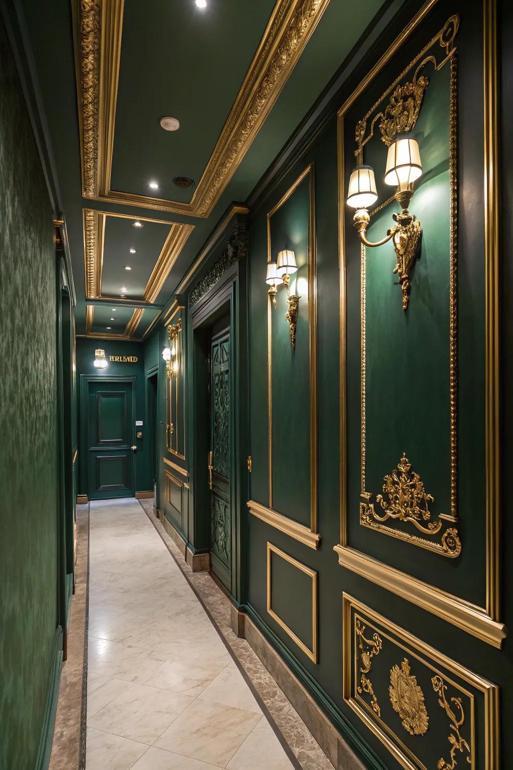 Gleaming features improve the charm of the forest green hallway.