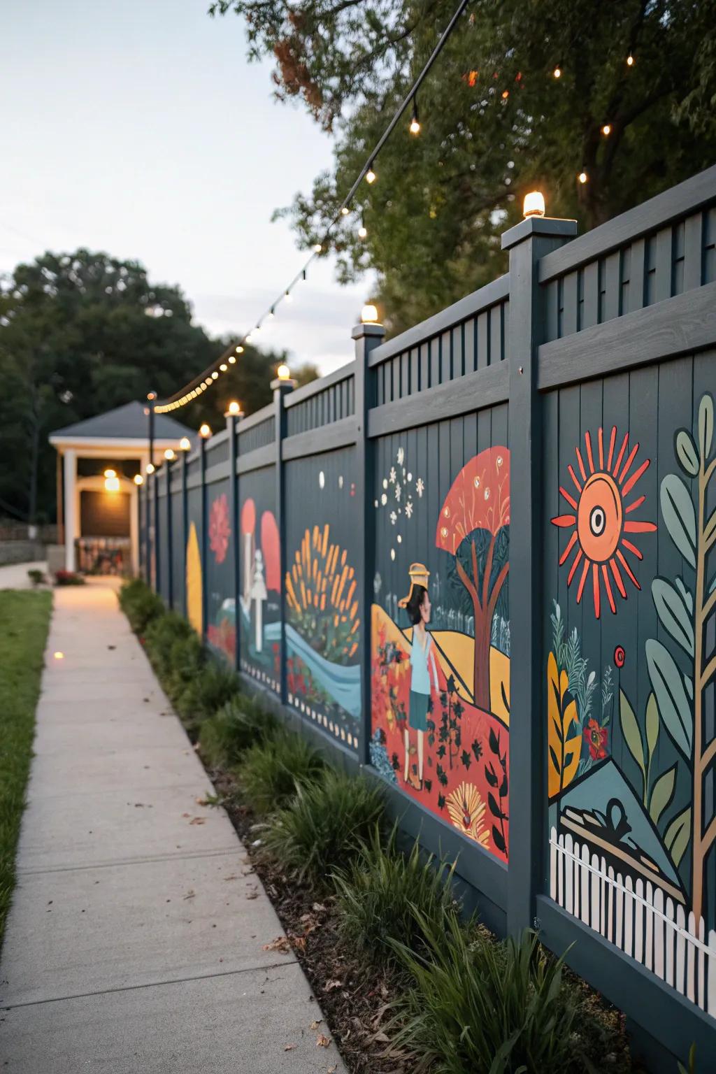 A charcoal-toned enclosure serves as a striking canvas for a colorful mural.