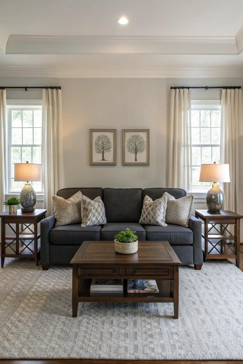 Equilibrium appends steadiness and harmony to a gray couch layout.