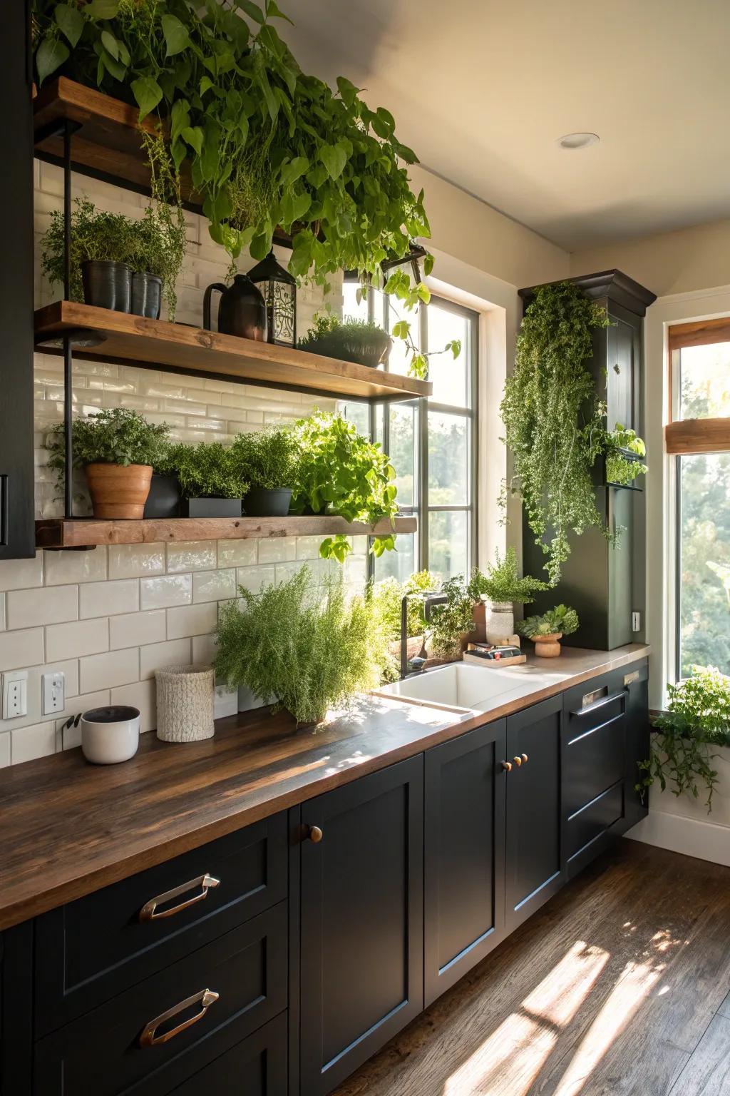 Green plants introduce an invigorating splash of color to the dark kitchen.