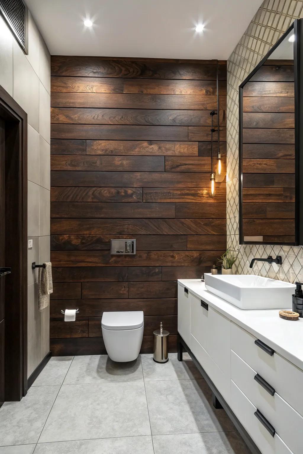 A bold centerpiece wall introduces dramatic flair to this mahogany bathroom.