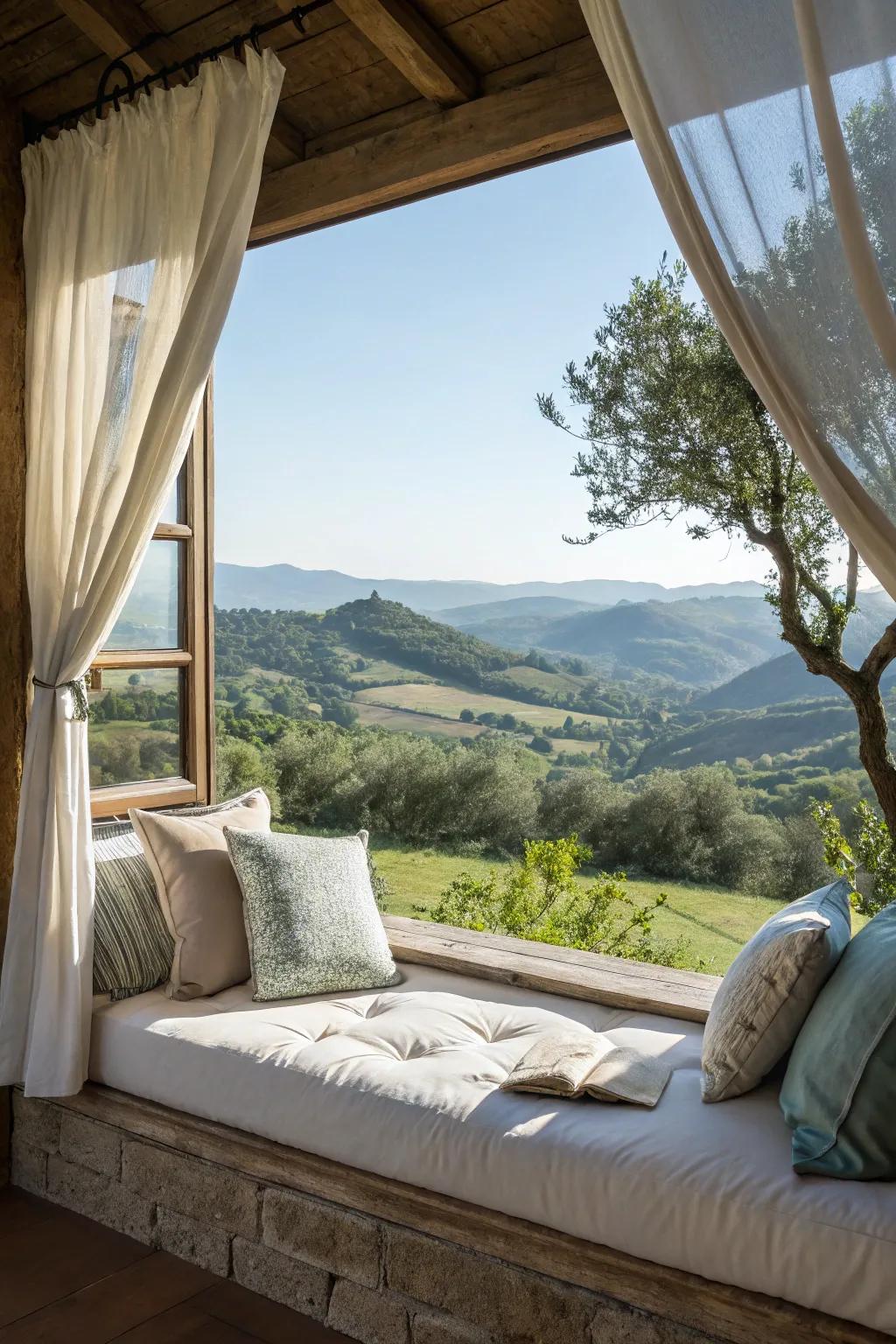 A daybed window seat provides a serene spot to unwind with a view.