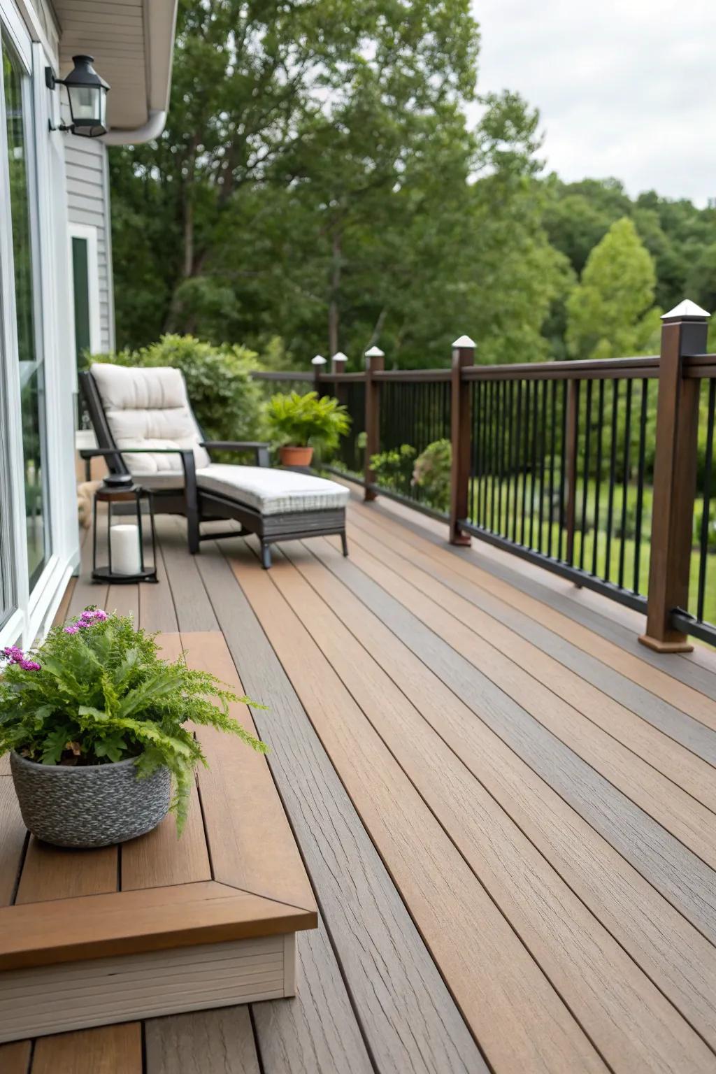 A deck exhibiting a chic blend of timber and composite materials.
