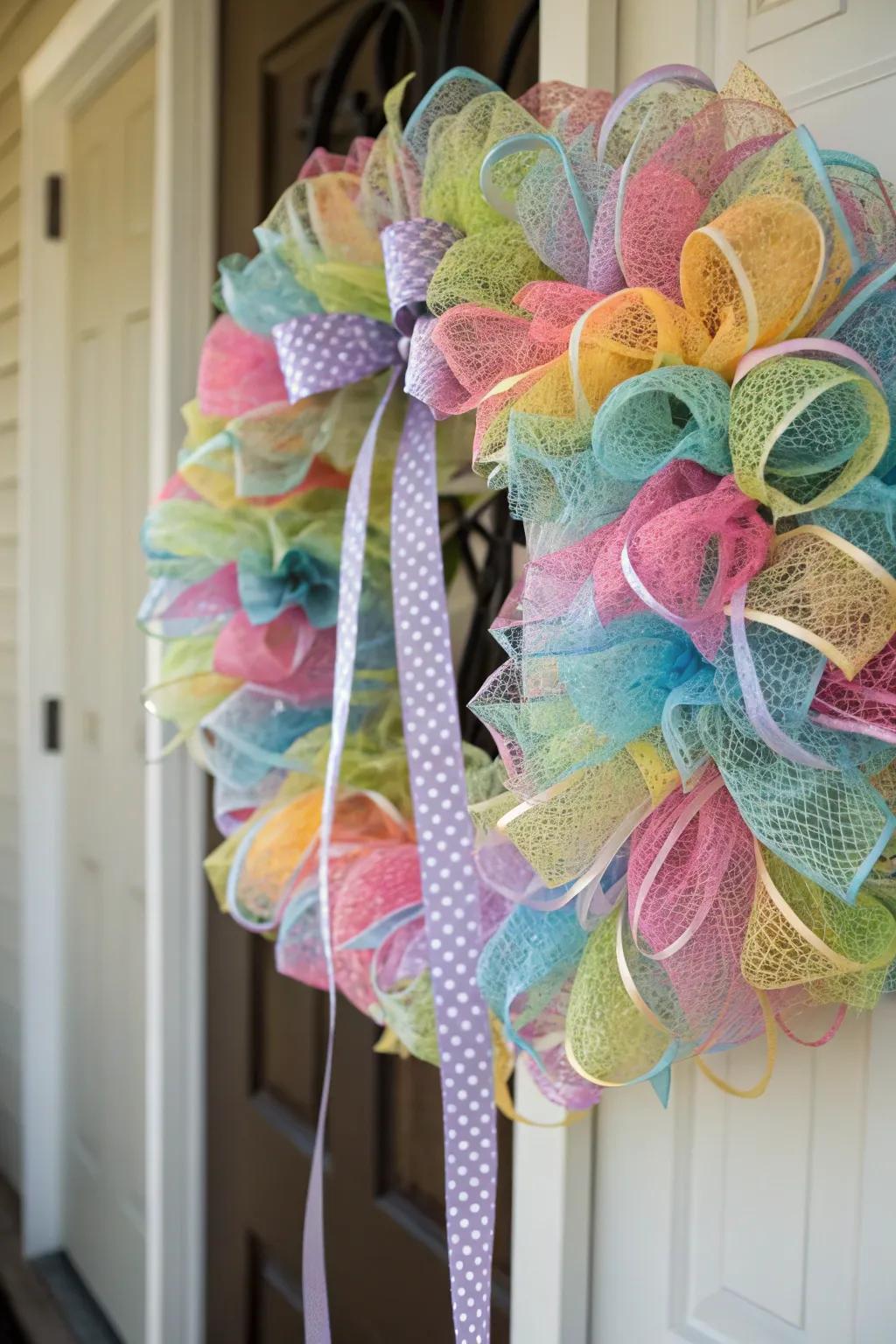 Strata of mesh and ribbon bestow refinement upon this autumnal wreath.