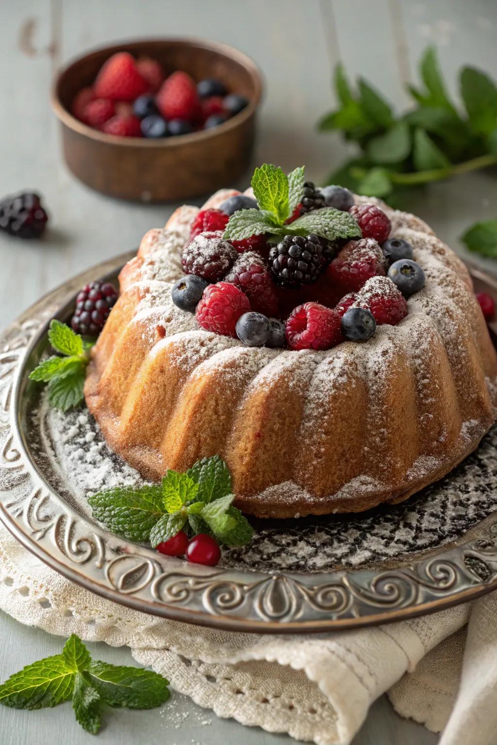A ring cake boasting a lively core brimming with garden-fresh fruit.