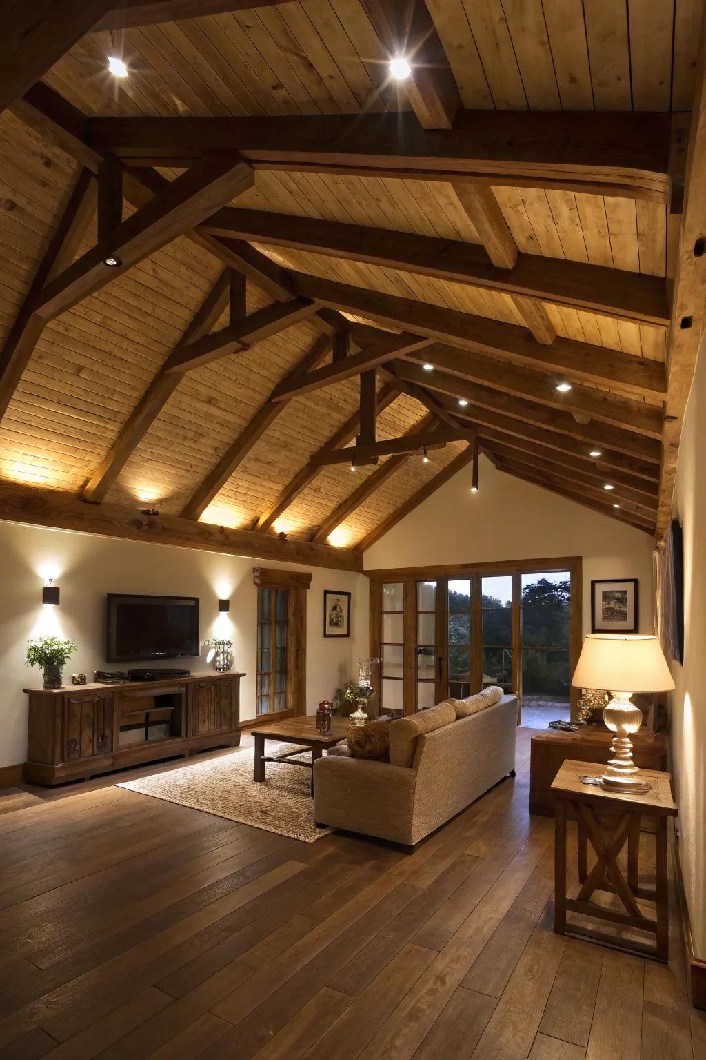 Integrated lighting into beams contributes both flair and utility.