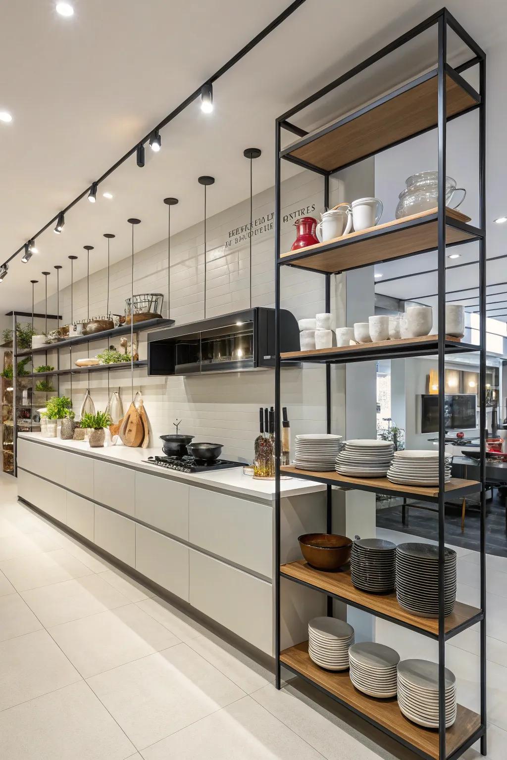 Hanging racks offer gentle splits in open kitchens.