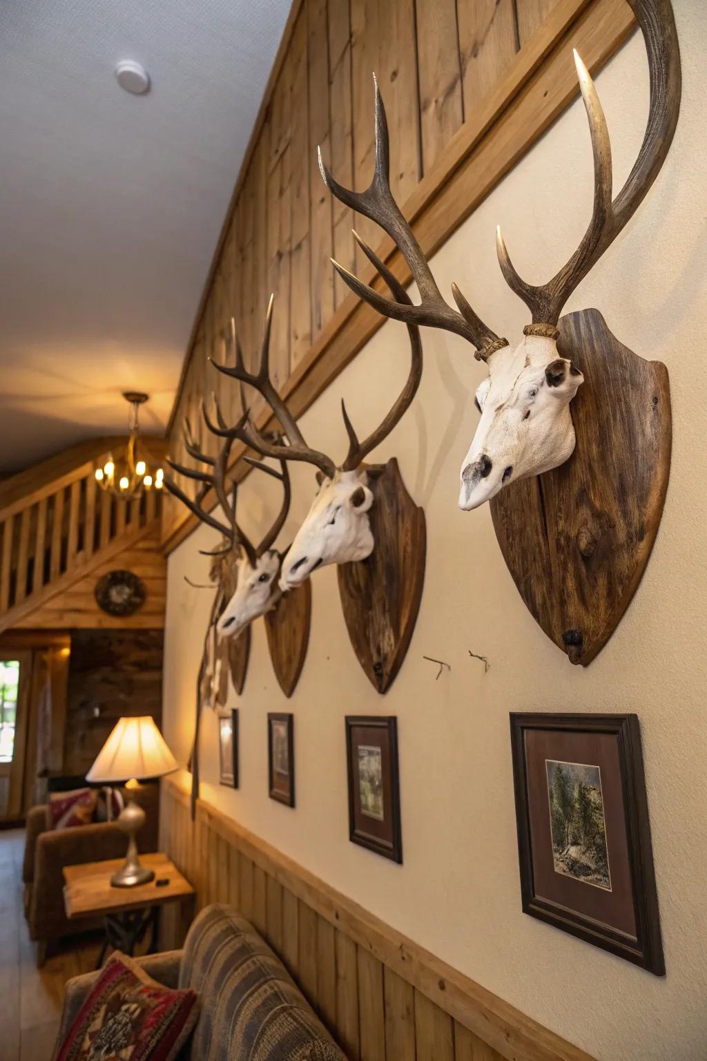 A compilation of country-style plaques produces a unified showcase of deer skulls.