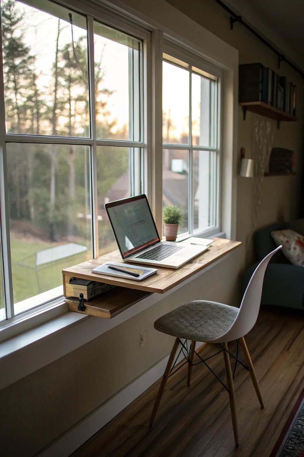 A floating desk maximizes space in a small area.