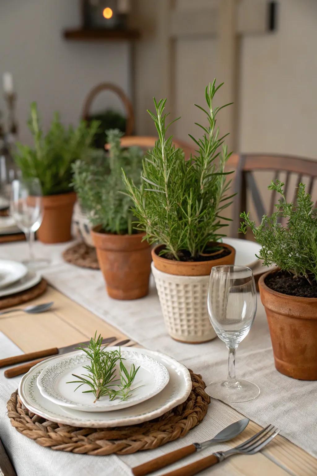 Potted herbs infuse a refreshing and fragrant dimension to the table.