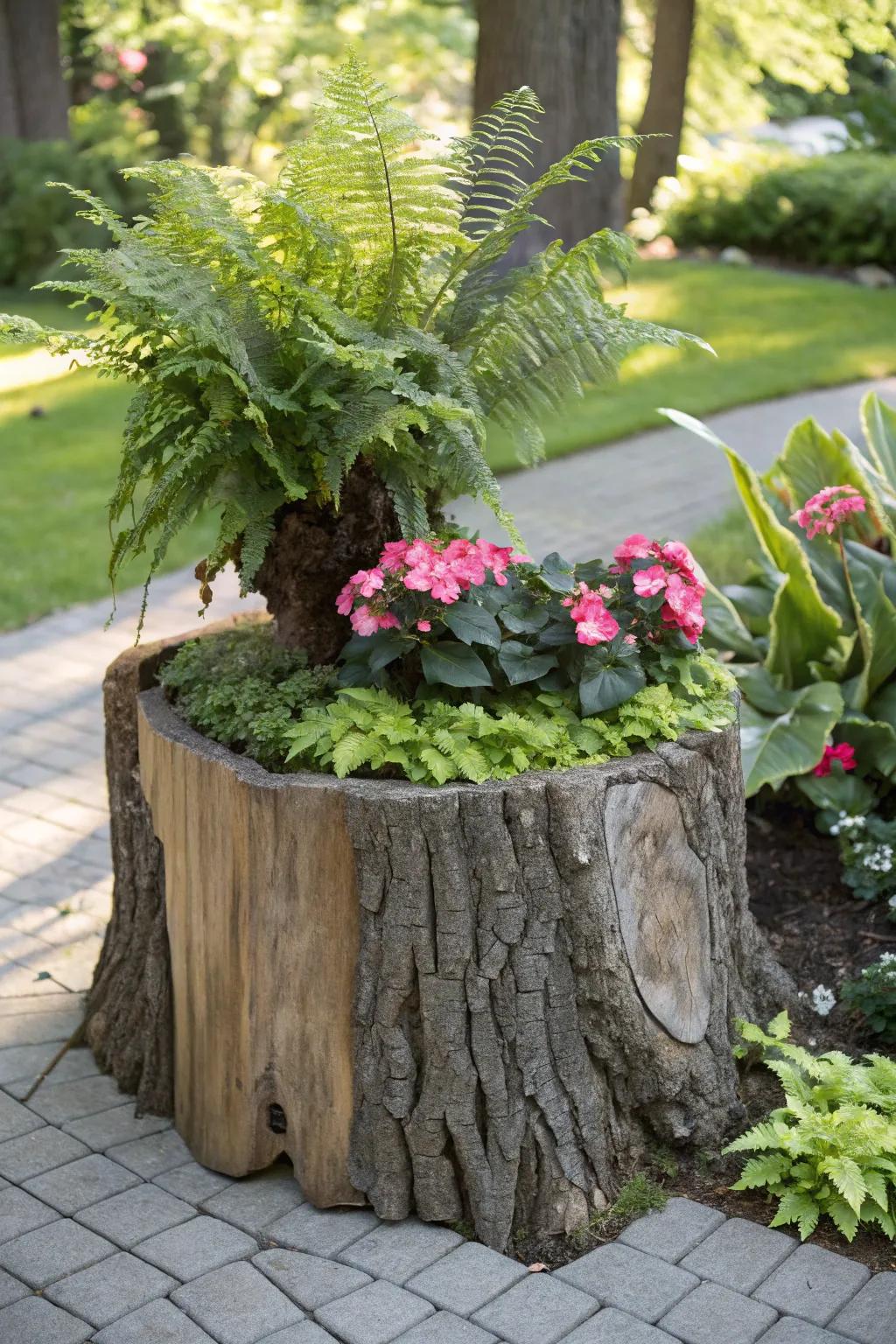 Transform a timber base into a breathtaking garden spectacle through lush ferns and blossoms.