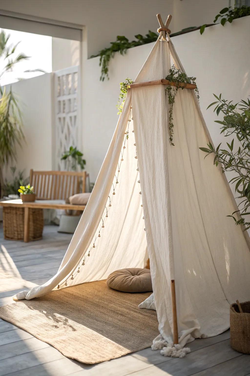 Create your own serene escape with this beautiful material-covered awning tent. Perfect for adding a touch of minimalist elegance to any space.