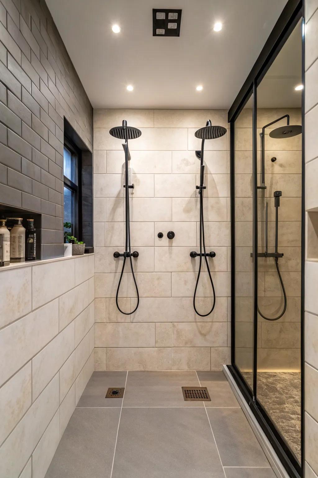 Make a daring statement using contrasting fixtures within your dual shower setup.
