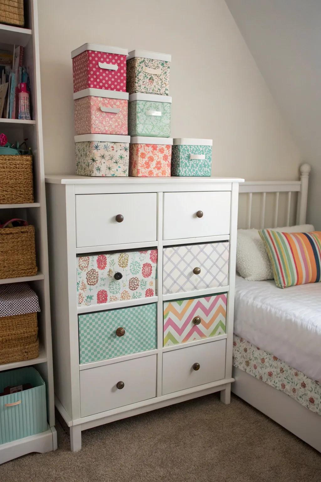 Fashionable stowage sustains an organized dresser.