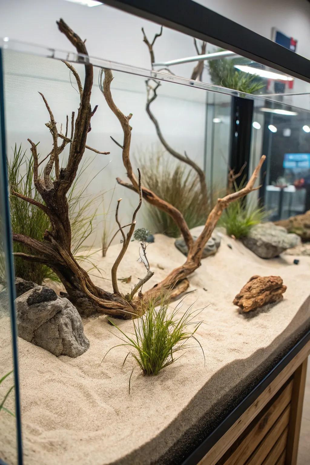 A striking desert oasis aquarium showcasing bogwood and minimalistic elements.