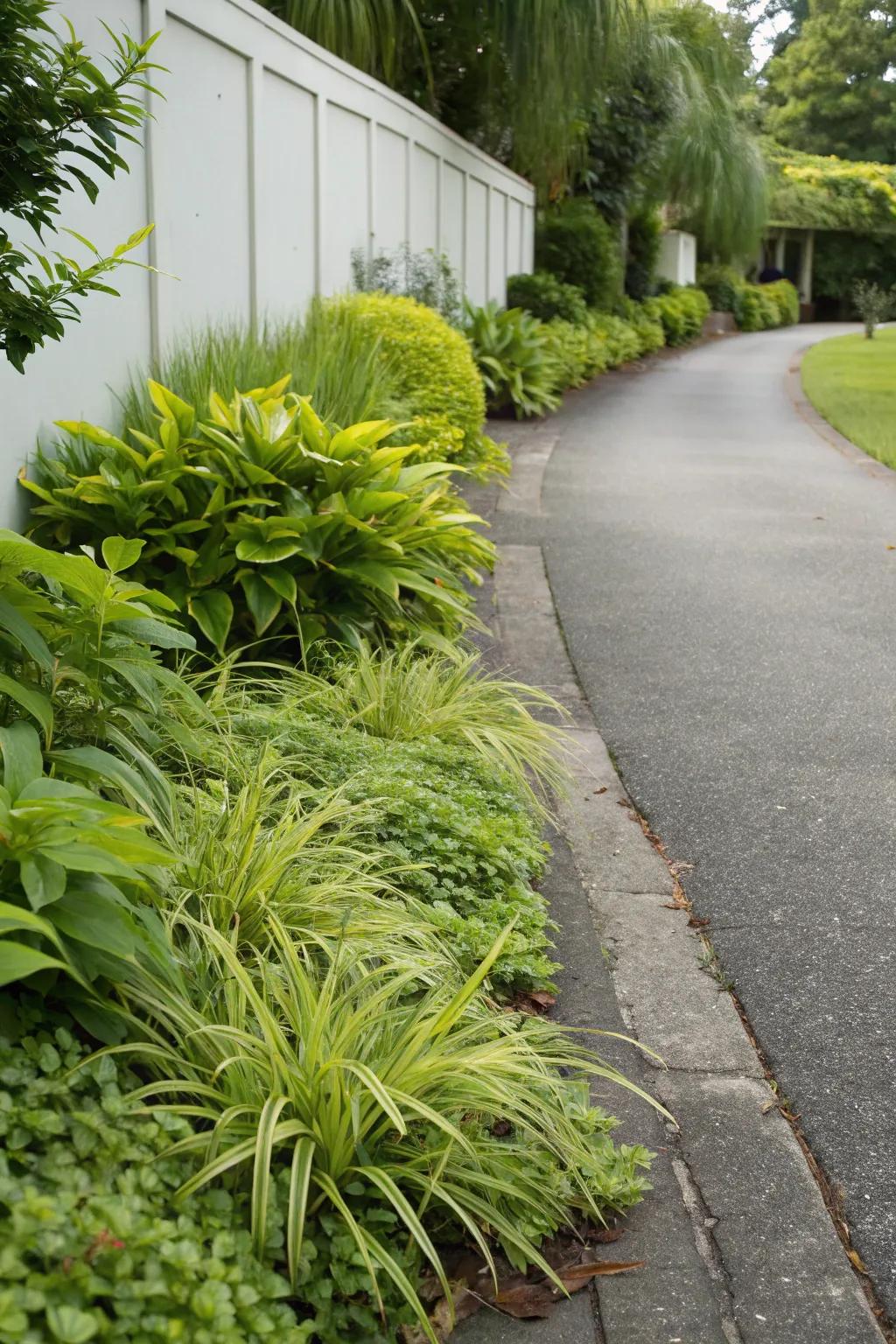 Effortless greenery selections keep your driveway inviting with minimal upkeep.