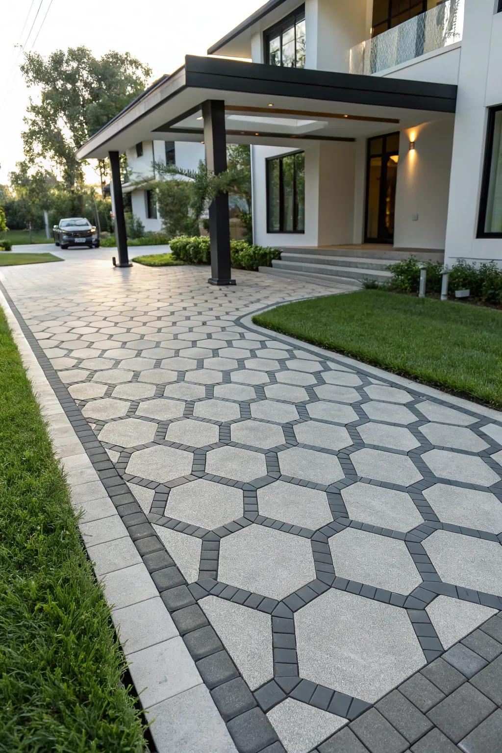 Geometric patterns inject an avant-garde, modern vibe into driveway designs.