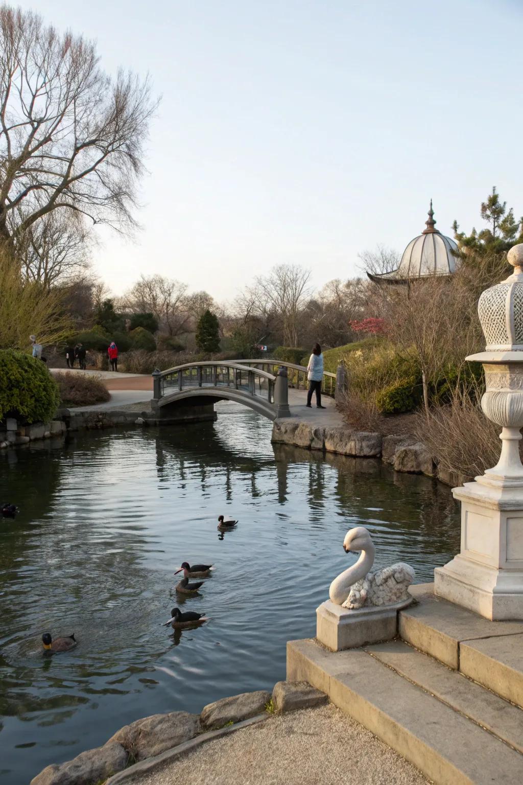 Decorative features infuse charm and playfulness into duck ponds.