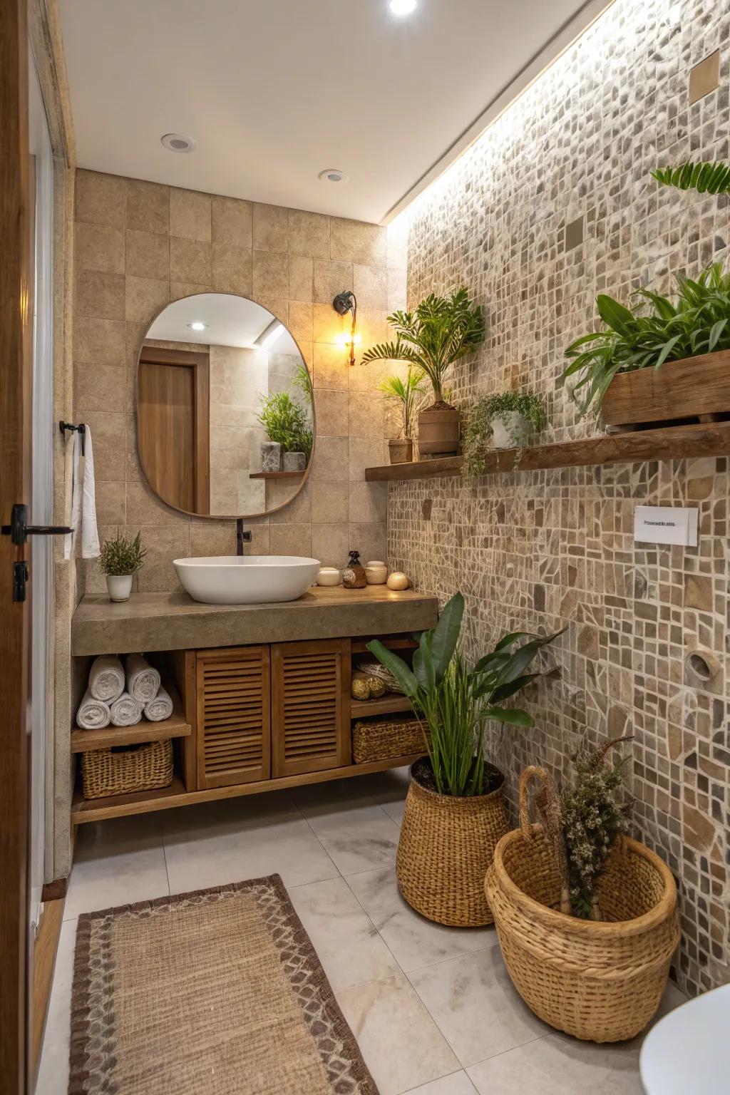 Natural mosaic tiles create a stunning organic focal point in the restroom.