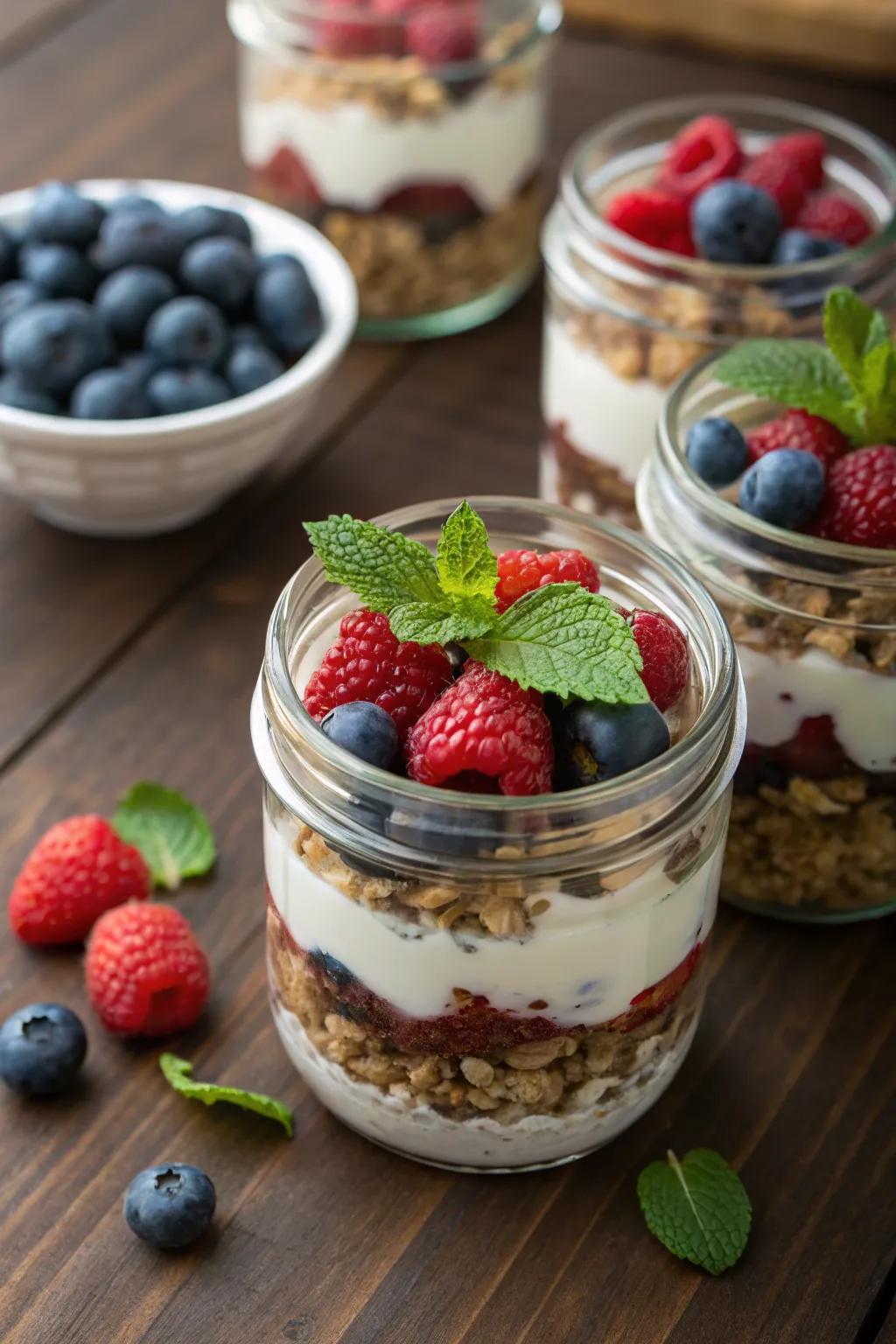 Wholesome granola parfaits offer a healthy brunch option.