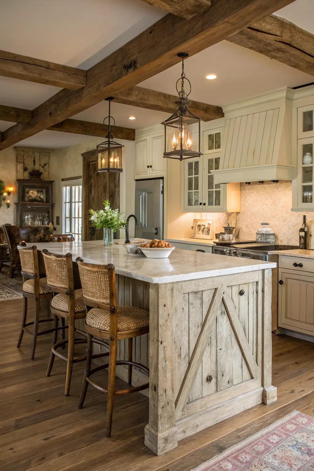 A country style island featuring appealing weathered lumber.