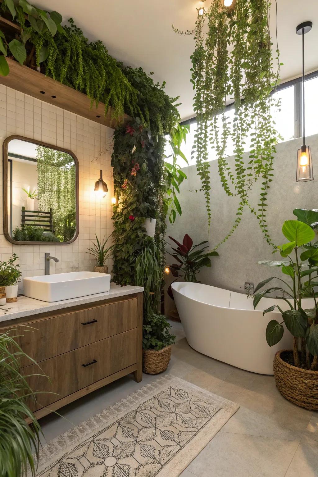 Greenery adds warmth and nature to this elegant bathroom.