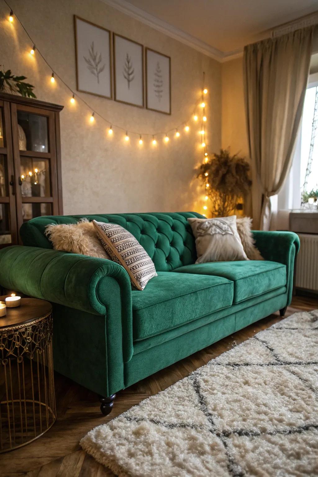 An inviting nook with an emerald green sofa invites relaxation.