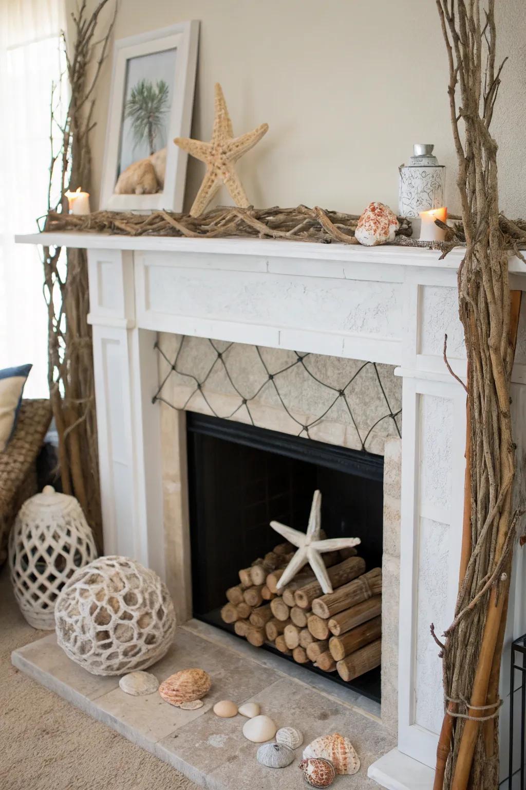 Bring coastal appeal using oceanic decor in your fireplace.