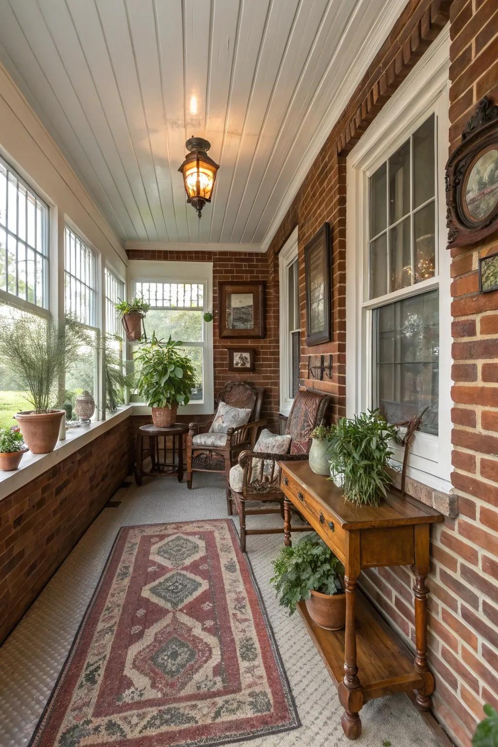 A timeless enclosed porch featuring classic stone-like siding.