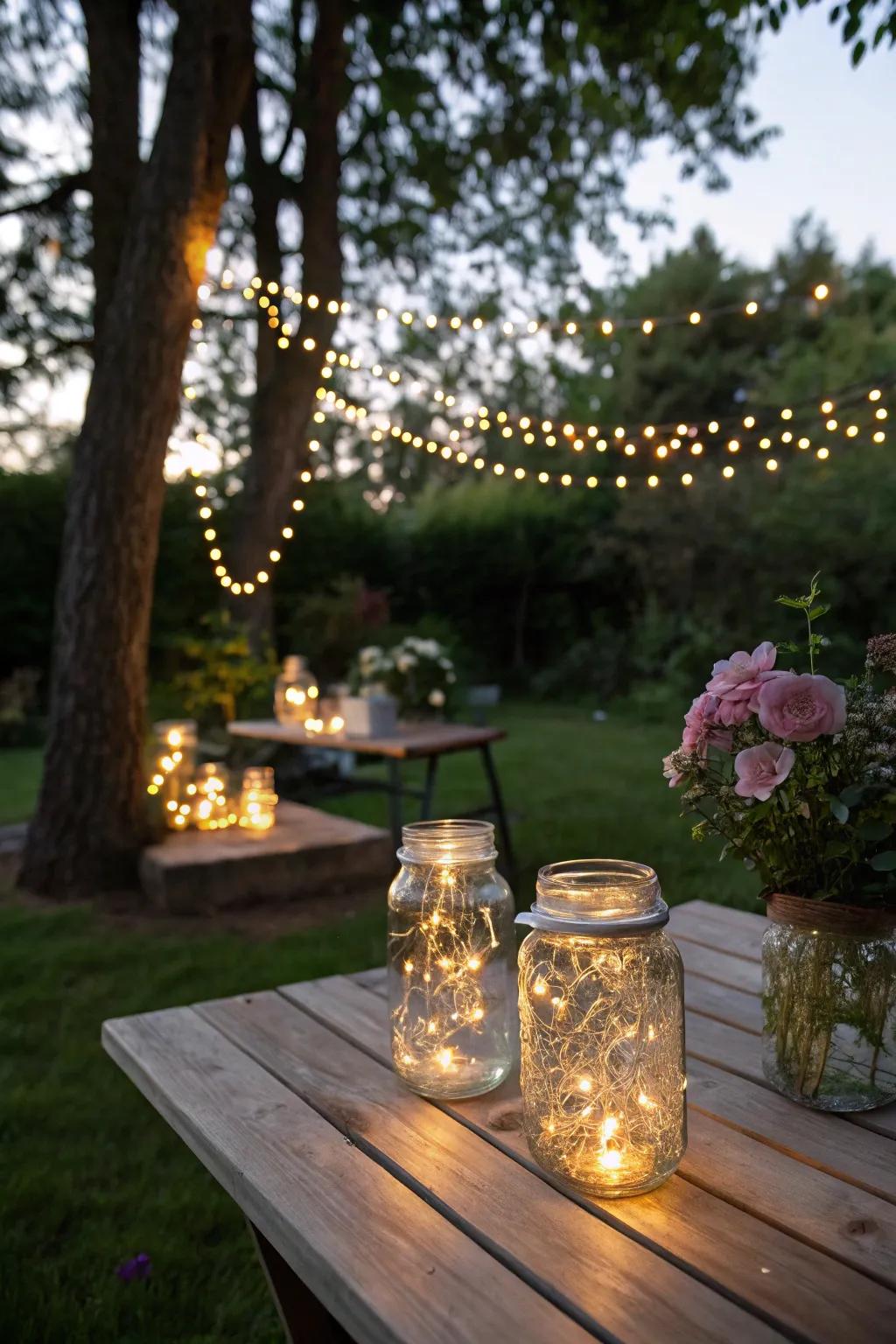Jars filled with twinkle lights create a floating light effect.