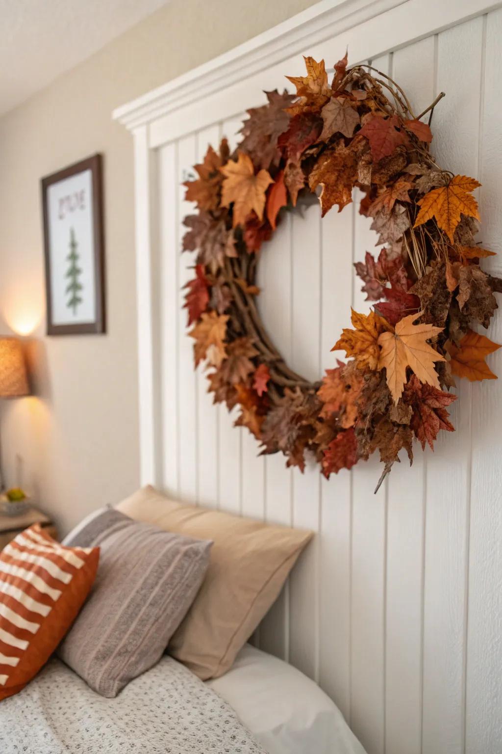 A fall wreath brings an outdoor touch to your bedroom.