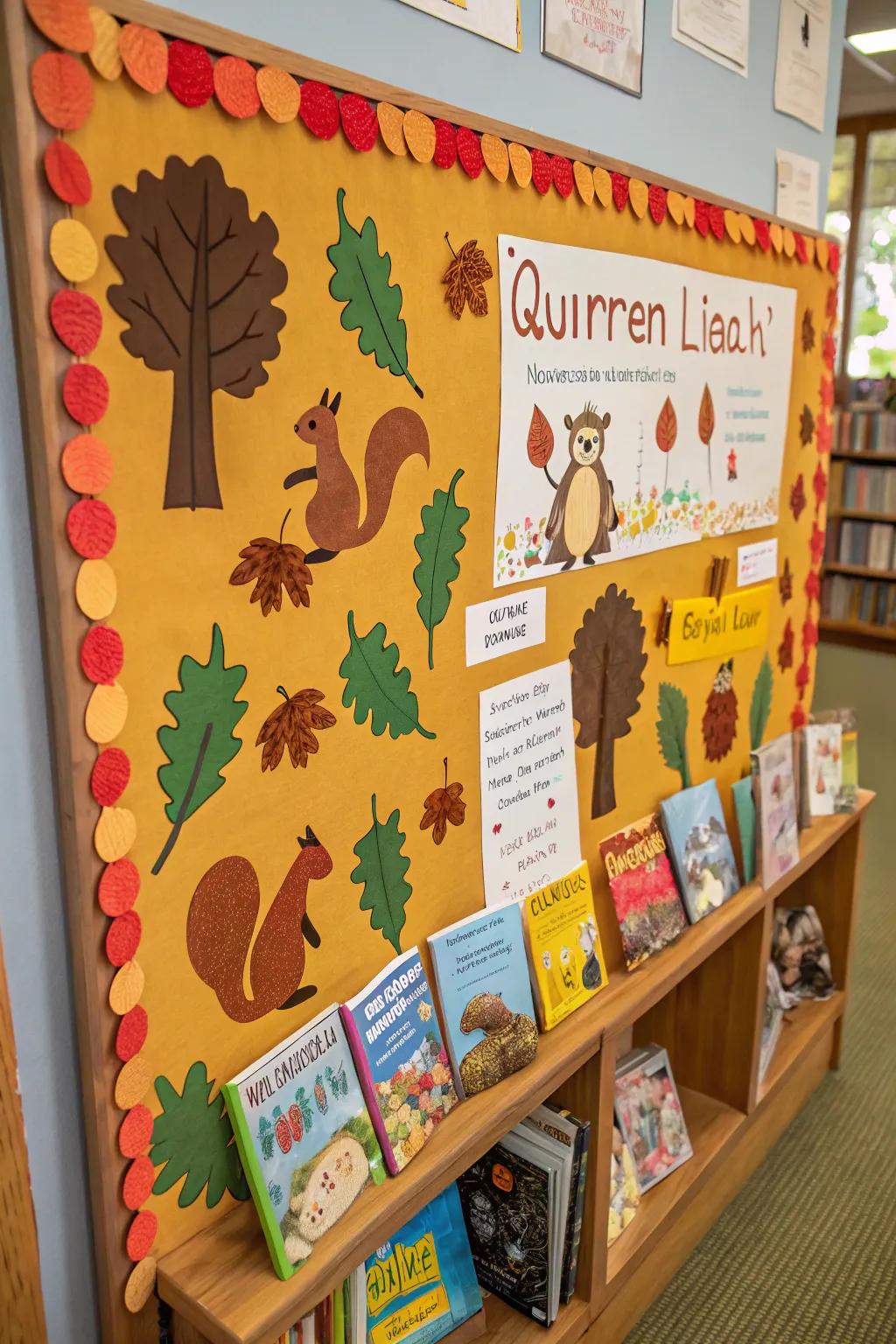 A lively squirrel-centered visual board featuring book acorns.