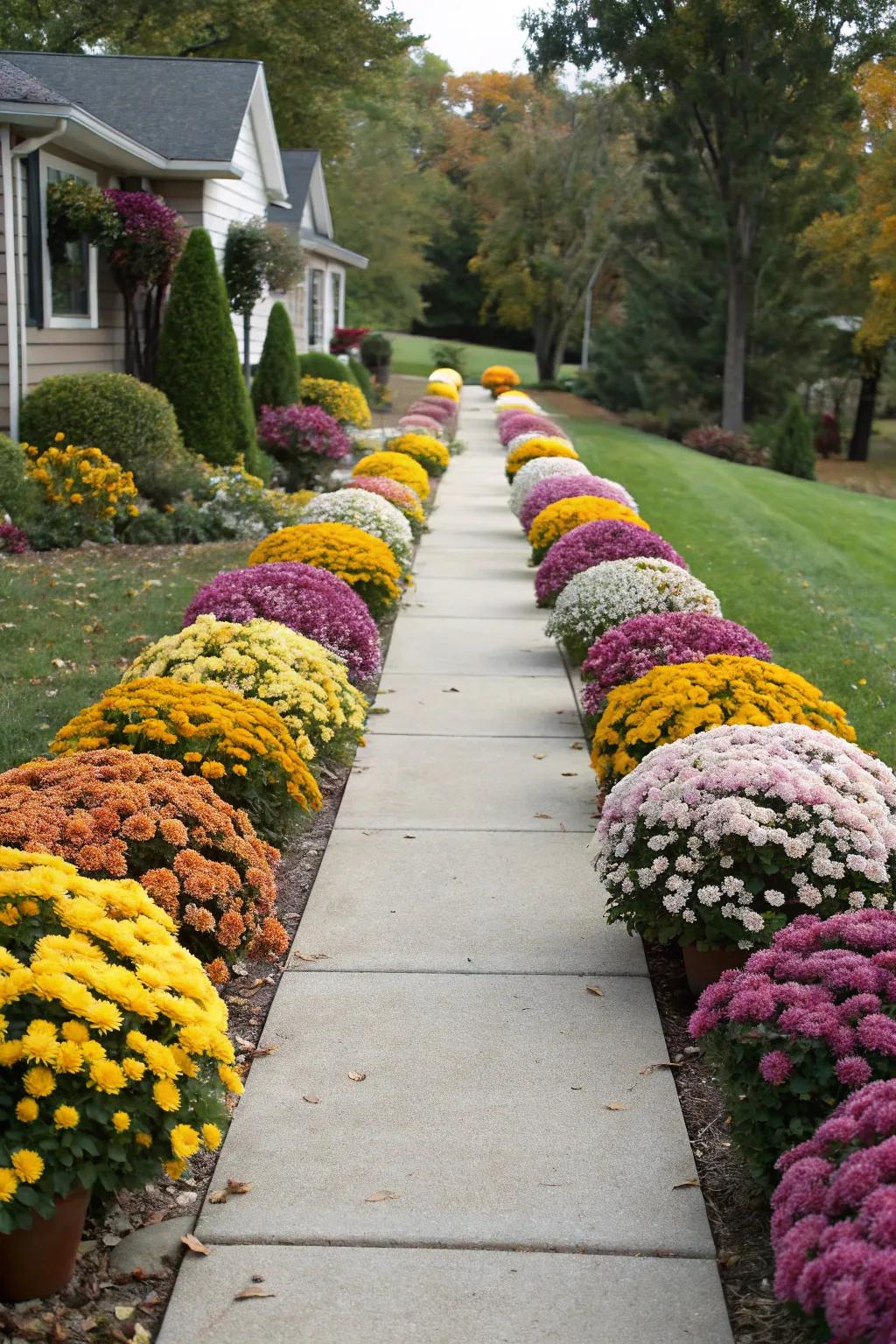Welcoming walkway lined with mums